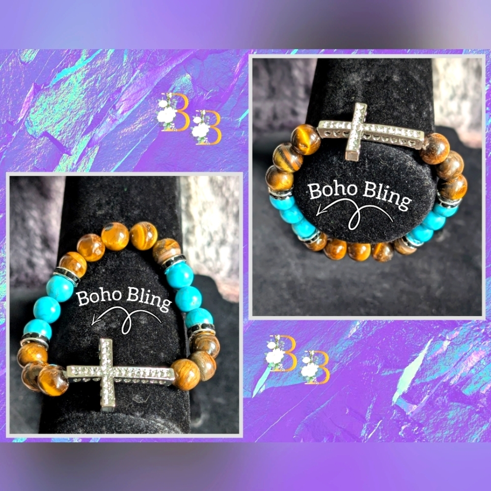 Turquoise and Tiger's Eye Bracelet with Rhinestone Cross